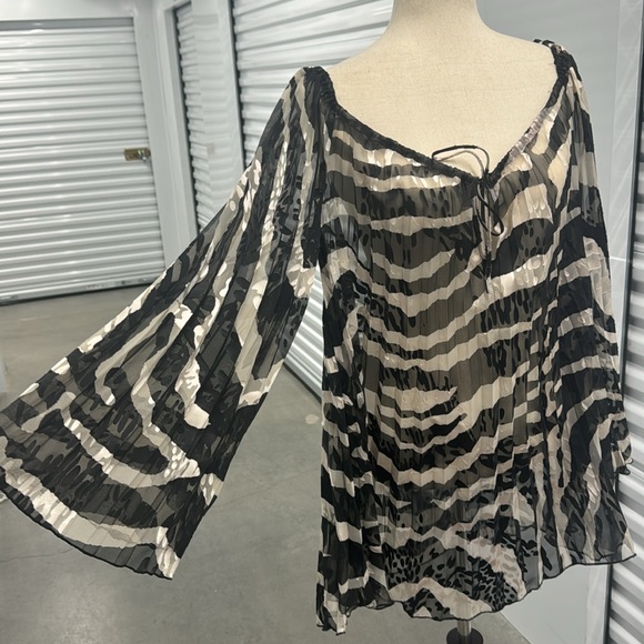 Hale Bob Accordion Pleats Tunic Boho Trapeze Dress Flare Sleeves Animal Print - Picture 6 of 14